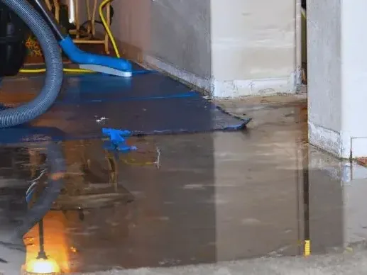 Extraction hose beside standing water along an interior wall