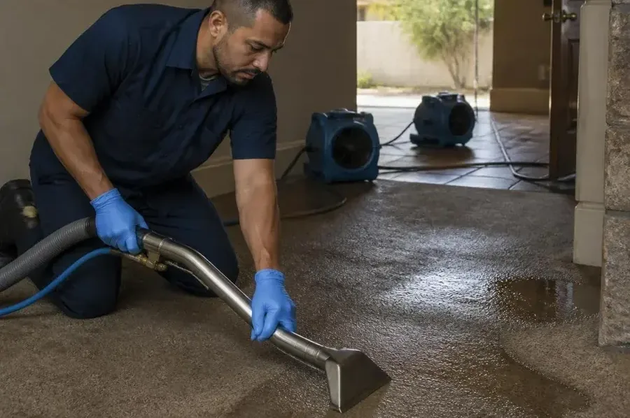 Technician using an extraction wand on wet carpet