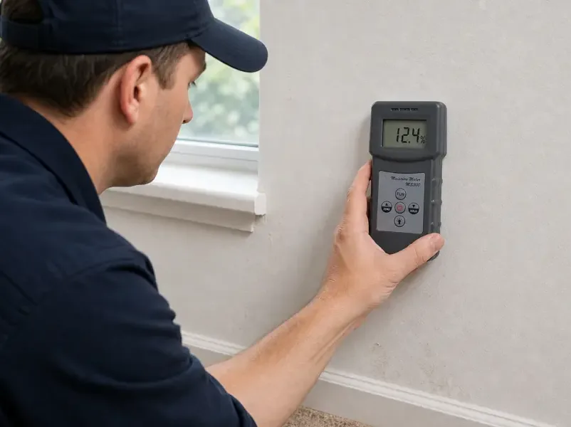 Technician holding a moisture meter against an interior wall